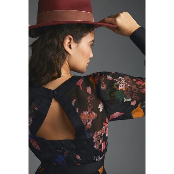 Anthropologie Maeve Floral Chiffon Blouse Open Back Tunic Cottagecore US 4 NWT - Picture 2 of 16